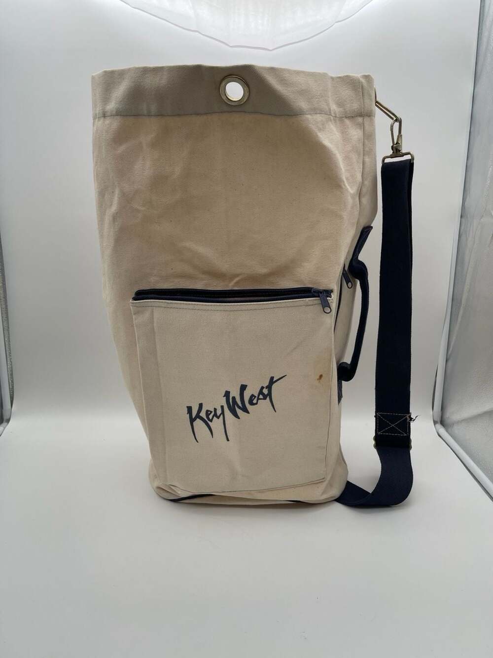 Vintage Key West Canvas Duffle Bag, Cream/Navy Blue, Souvenir Travel Tote